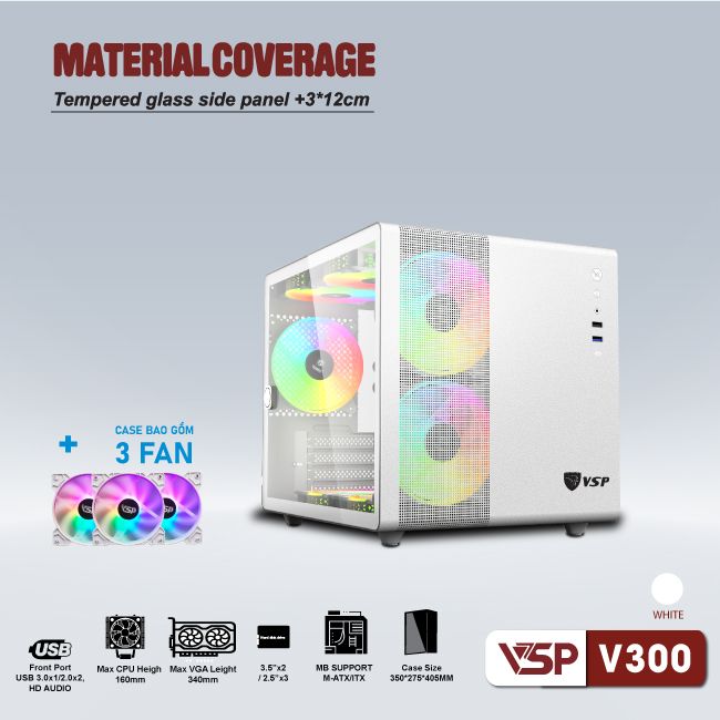 Vỏ case VSP V300 White (kèm 3 fan led)