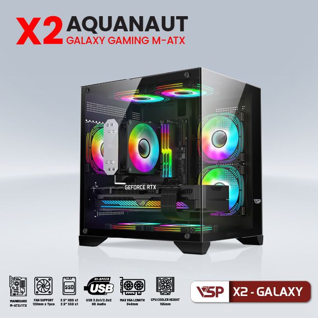 VỎ CASE VSP AQUANAUT PRO GAMING M-ATX X2 GALAXY  BLACK ( NO FAN) 