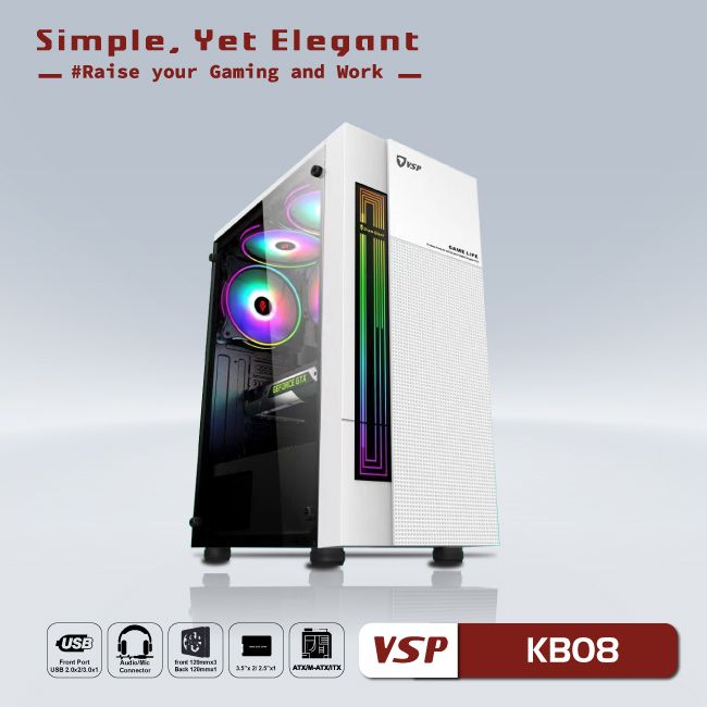 VỎ CASE MÁY TÍNH VSP - ESPORT GAMING KB08 - TRẮNG ( NO FAN)