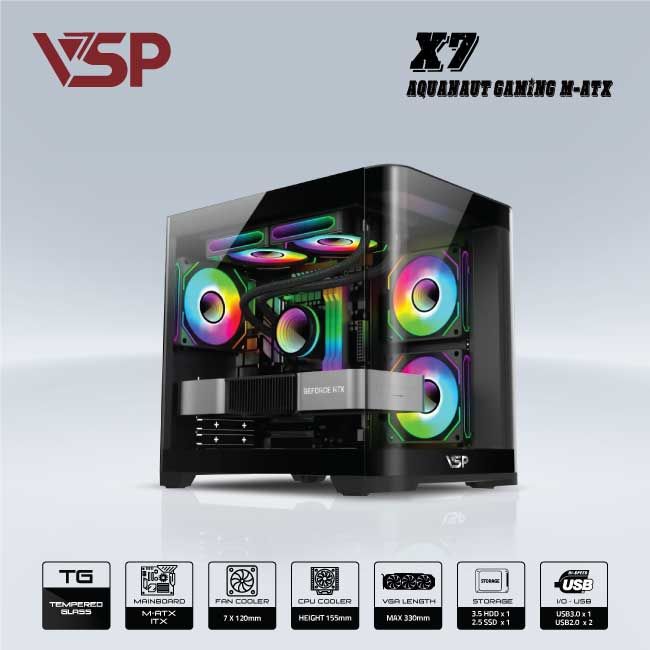 Vỏ case VSP AQUANAUT PRO GAMING M-ATX X7 - ĐEN ( NO FAN)
