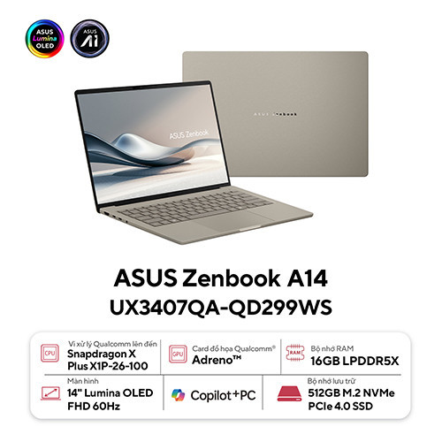 Máy tính xách tay Asus Zenbook A14 UX3407QA-QD299WS [BE X1-26-100/16GD5X/512GB/14.0_WUXGA/OLED/WiFi6E/BT5/3C70WHrs/W11SL/TÚI/2Y]